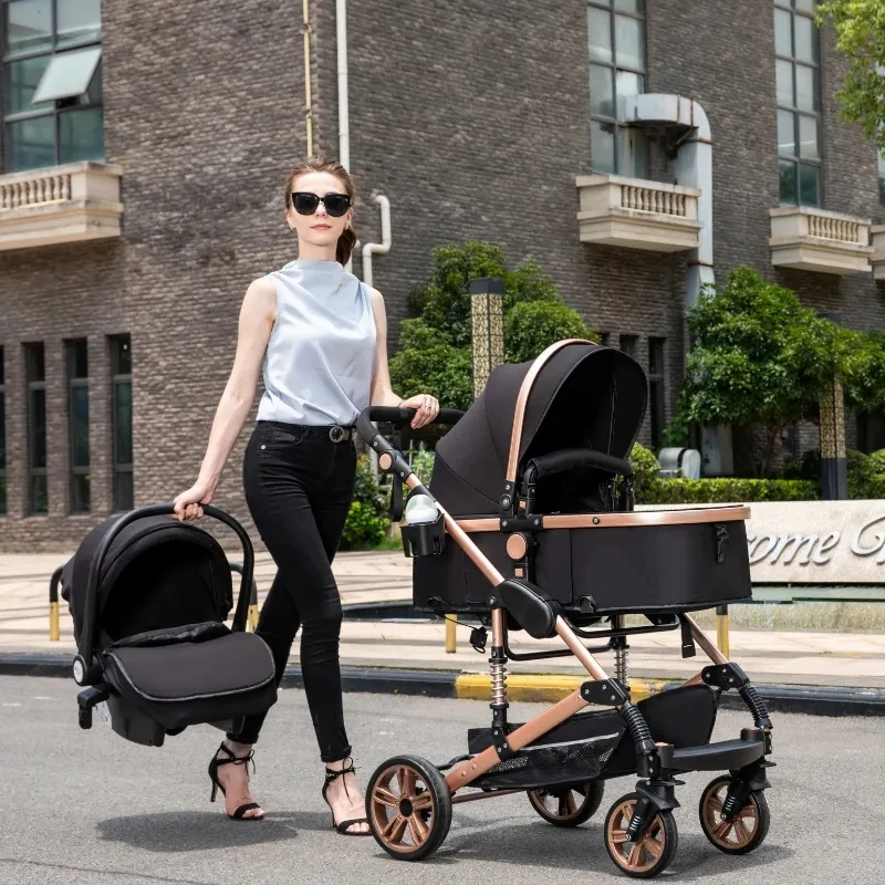 Baby Stroller 3 in 1 Portable Travel Luxurious Baby Carriage Fold Pram Aluminum Frame High Landscape Multifunctional Stroller