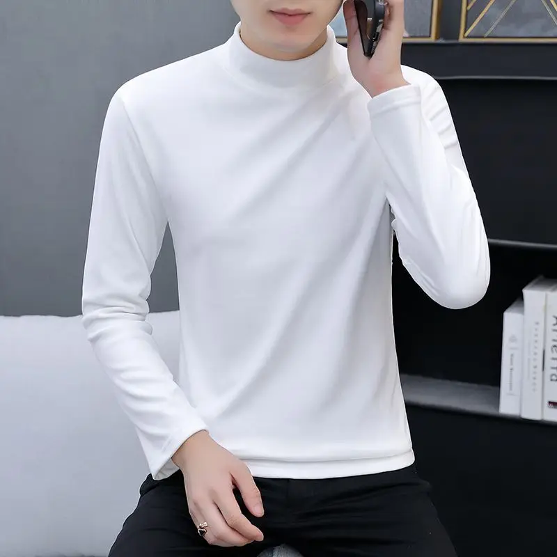 2023Autumn and Winter Men\'s Pullover Half High Neck Printed Slim Fit German Velvet Bottom Shirt Fashion Casual Long Sleeve Tops