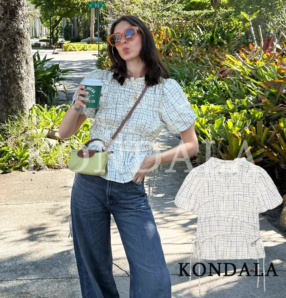 

KKONDALA Trendy Holiday Embroidery Shirt Women's Elegant Pleated Bow Lace-up Shirts 2026 Spring Summer Casual Puff Sleeve Shirts