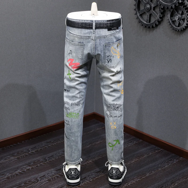 

Street Designer Fashion Men Jeans High Quality Retro Blue Stretch Slim Fit Ripped Jeans Men Y2K Printed Vintage Denim Pants