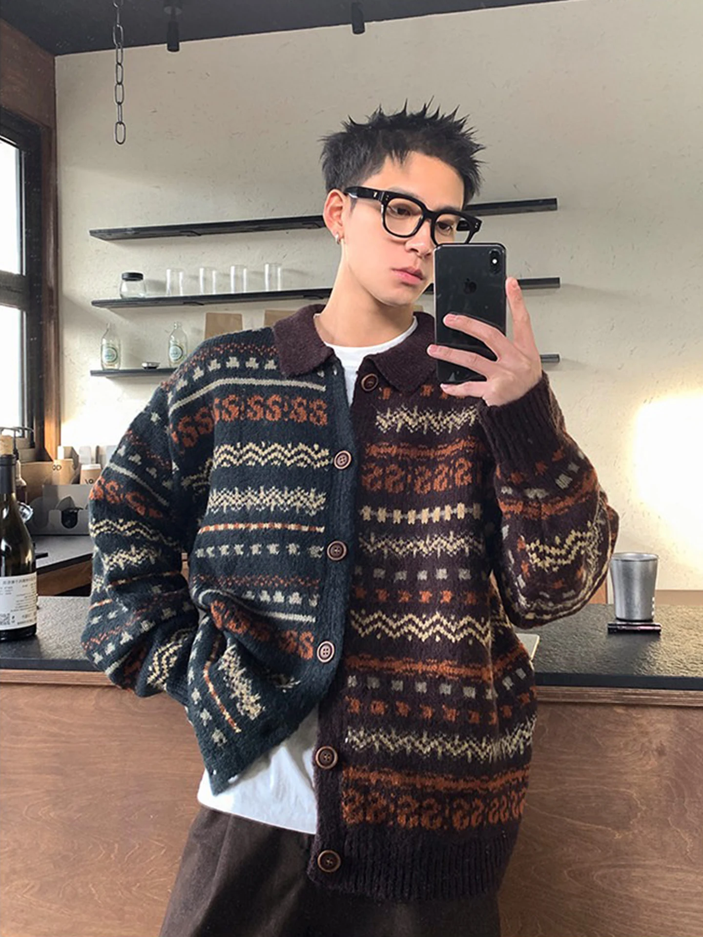 

Autumn Winter Vintage Fair Isle Color Blo Loose Button up Knit irt Men's Women's Lazy Sweater College Sle Long Sve