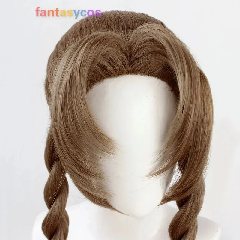 

NewFF VII 7 Remake Aerith Gainsborough Brown Braided Long Cosplay Wig Heat Resistant Hair Bowknot Hairpin Costume Wigs + Wig Cap