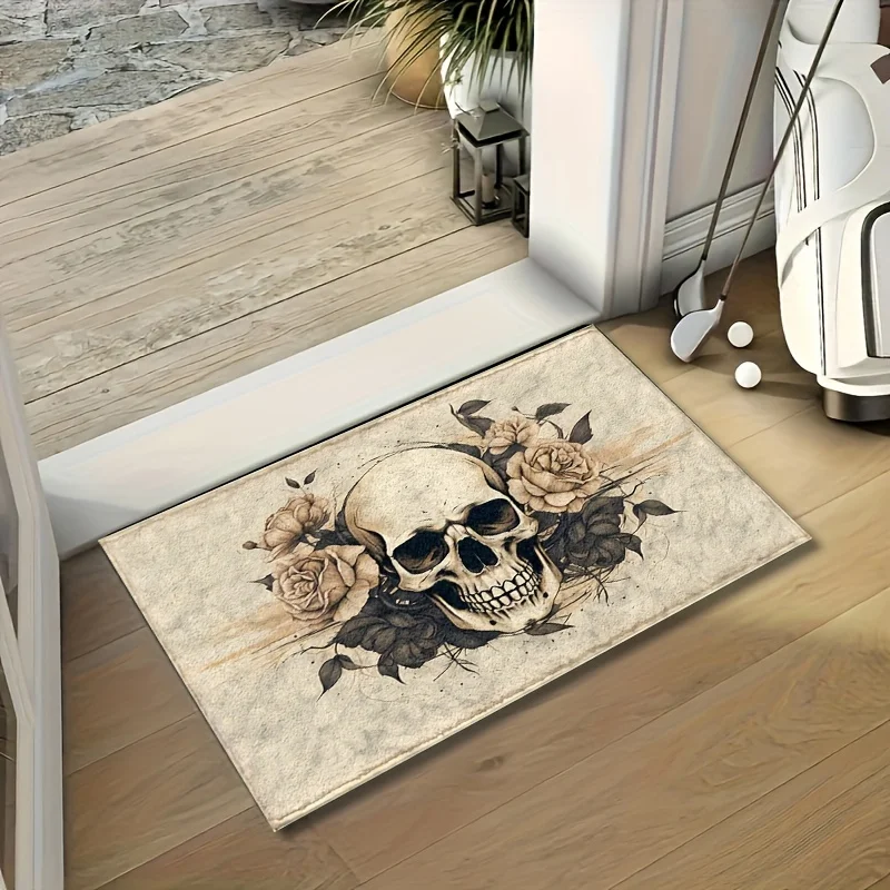 

Halloween Super Fine Fiber Non-Slip Bath Mat with Skull And Roses Design, Machine Washable, Quick Drying, Absorbent