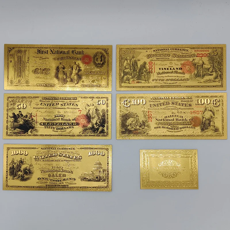 

5pcs 1875 Year America Gold Banknote Set Fake Monney Us 1 5 50 100 1000$ Bills Look Real Prop Money Realistic Home Decor Gift