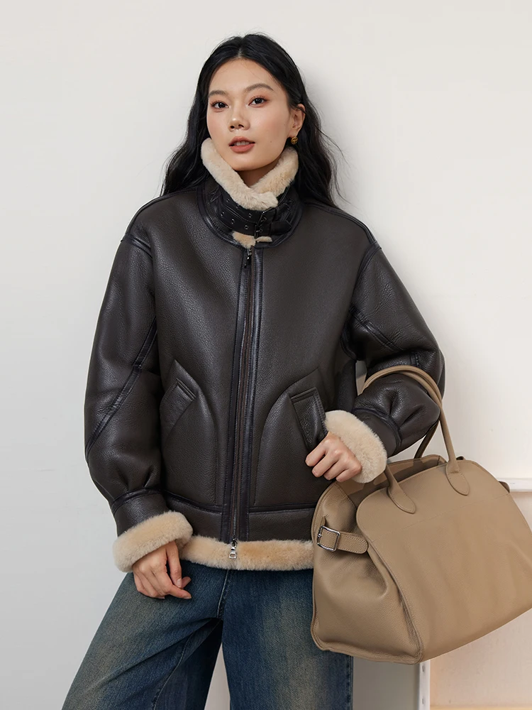 High-end Luxury Merino Sheep Fur Winter Motorcycle Jackets for Women Simple Thickened Warm Genuine Leather Real Lamb Fur Coat