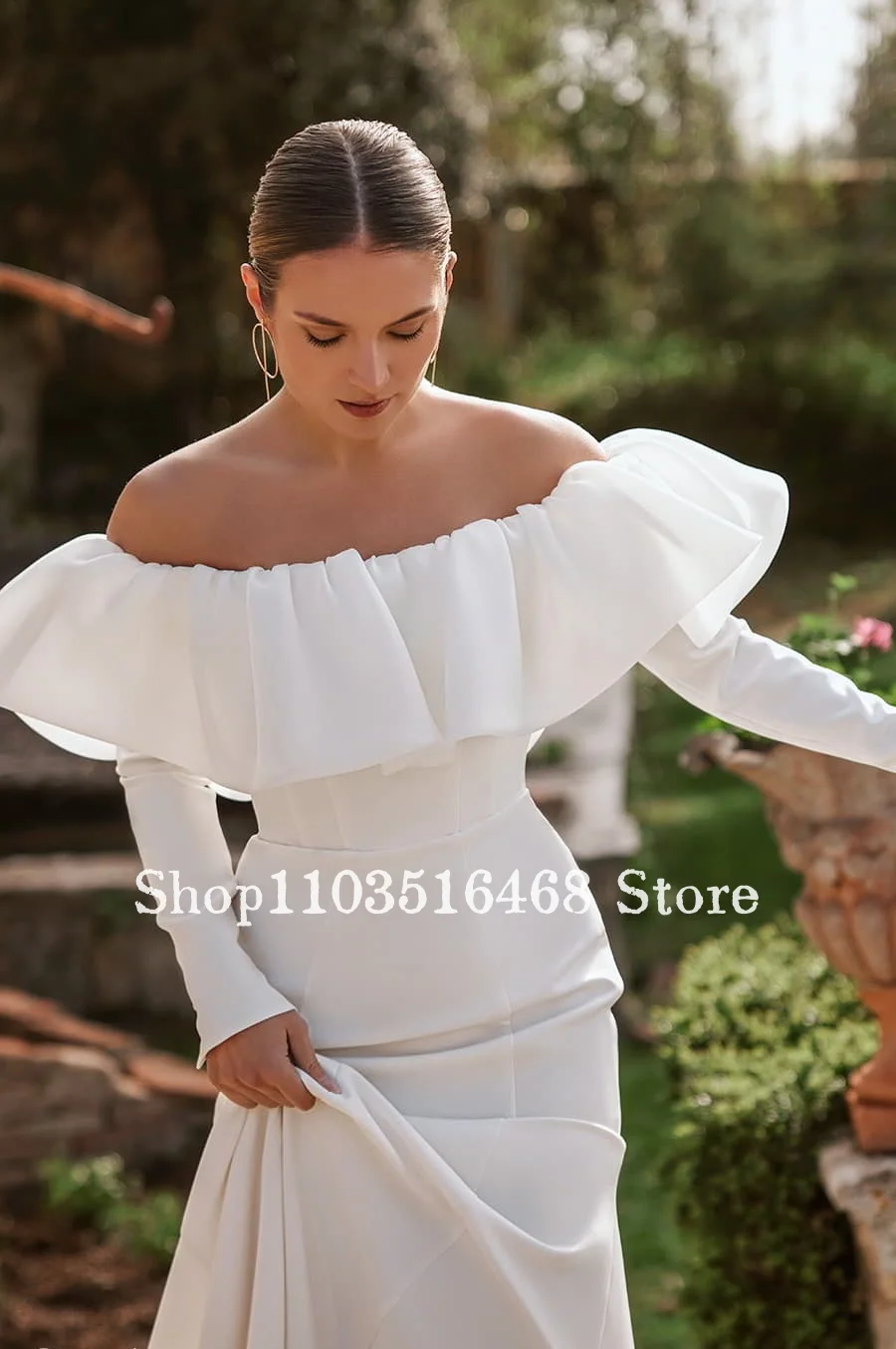 One Shoulder Satin Mermaid Wedding Dress 2024 For Women Elegant Long Sleeve Pleated Mermaid Tight Formal Wedding Dresses