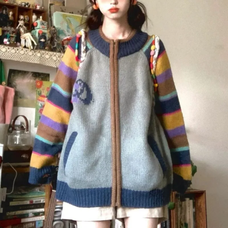 Stile giapponese Kawaii Bear Vintage arcobaleno a righe con cerniera maglione cappotto donna autunno inverno nuovo Cardigan lavorato a maglia giacca