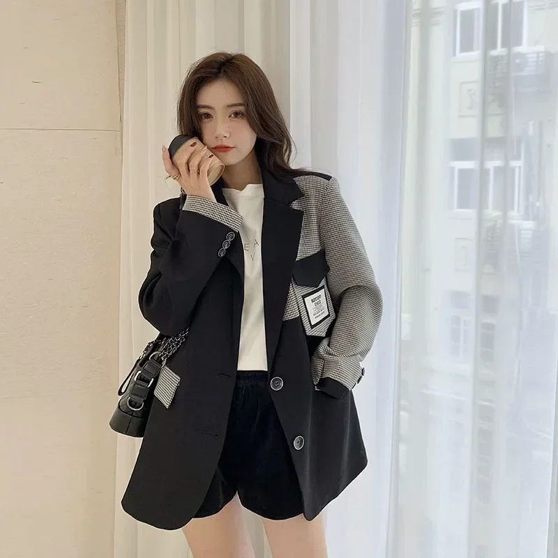 Fashion Plaid Contrast Blazer Coat Women Korean Loose Single-Breasted Suit Jacket Stitching Pocket Notched Collar Outerwear