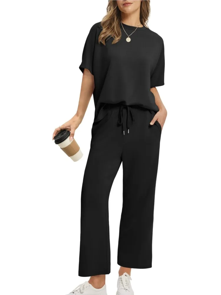 

Wide-leg Nine-point Pants Round Neck Beach Vacation Two-piece Set 2026 New Women's Fashion Casual Summer Suit For Women