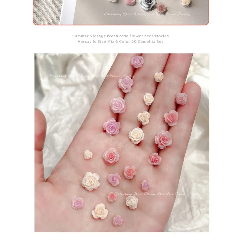 50PCS 3D Mix Sizes Beautiful Blossoming Rose Flowers Resin Adhesive Nail Art Rhinestones Decorations Manicure Kawaii Charms image 3