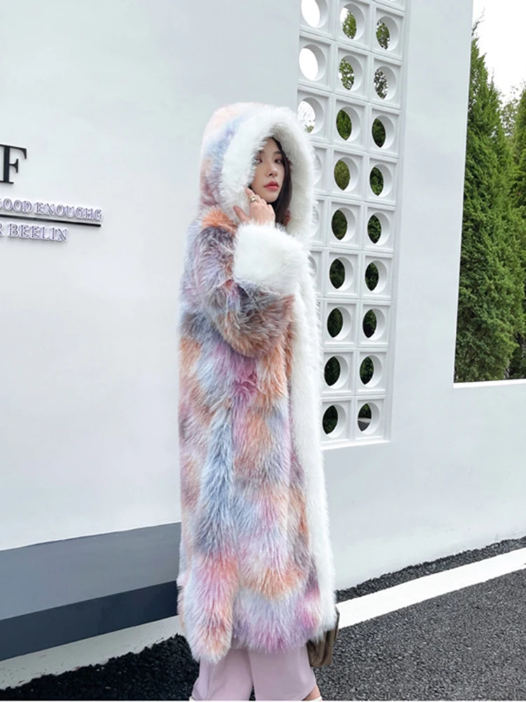 ZADORIN Fantasy Colored Women Hooded Long Faux Fur Coat Luxury Loose Pink Fluffy Y2K Faux Fur Jacket For Women Winter Outerwear