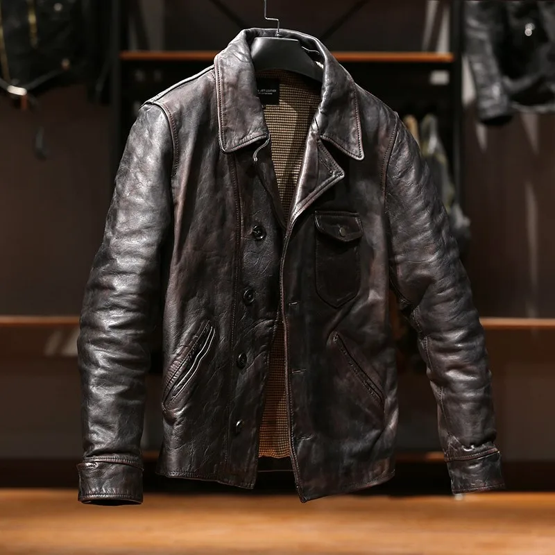 Men's lapel single-breasted casual short motorcycle leather with a first-layer tea core