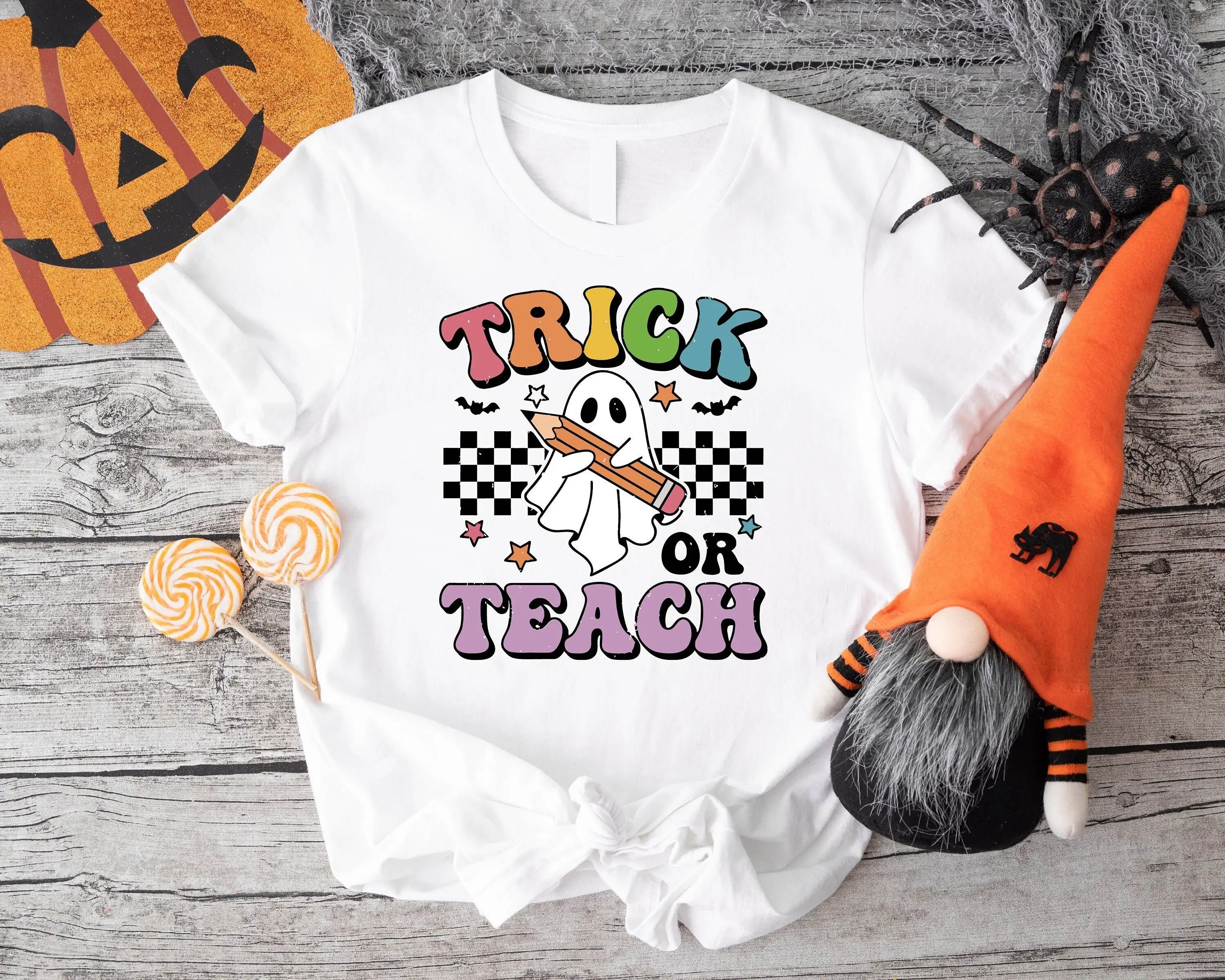 Trick Or Teach T Shirt In My Spooky Teacher Era School Halloween Themed Retro Checkered Ghost SweaT