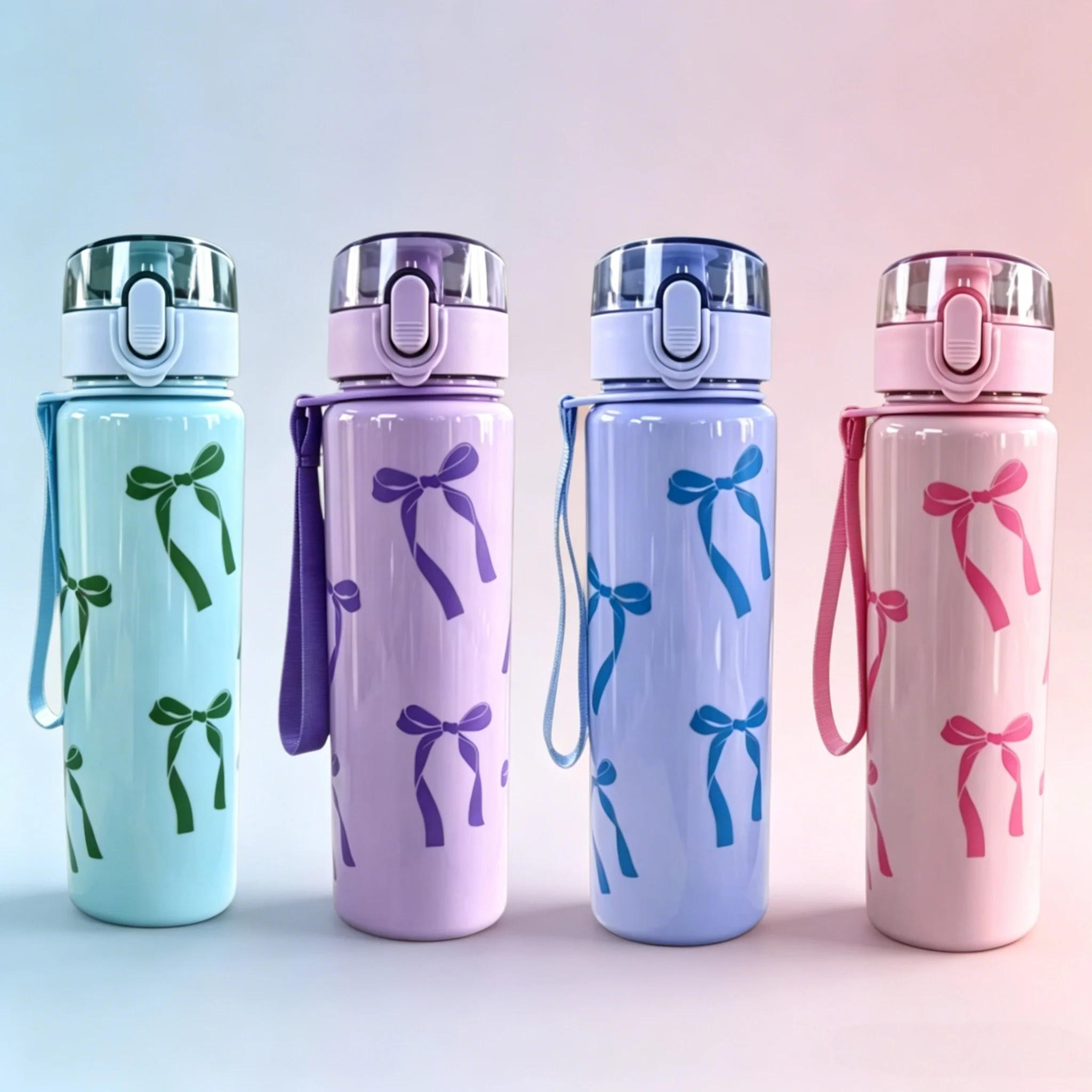560ML Solid Color/Clear Straight Sip Water Bottle with Bow Pattern, Minimalist Large Capacity Leakproof Reusable Cup for Drinks