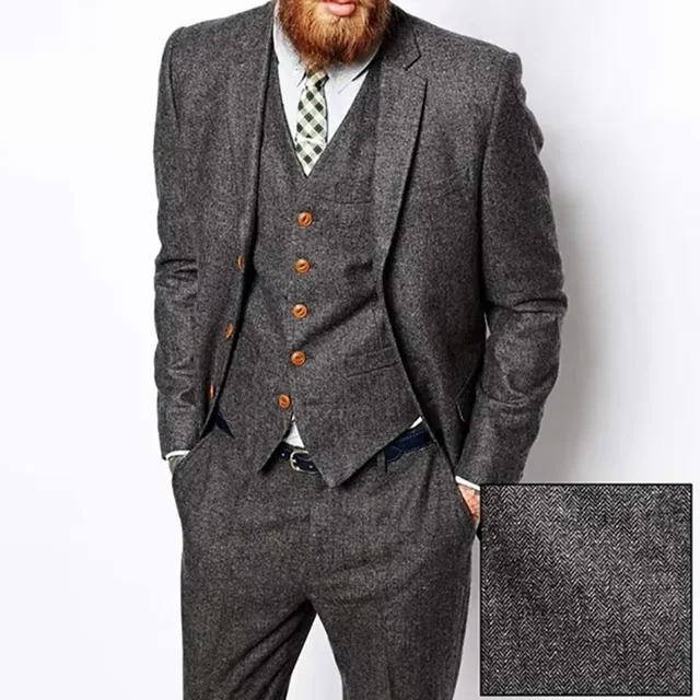 Traje gris de Tweed en espiga para hombre, Ternos de esmoquin Vintage para novio, trajes formales de boda para hombre, traje clásico de 3 piezas para otoño e invierno