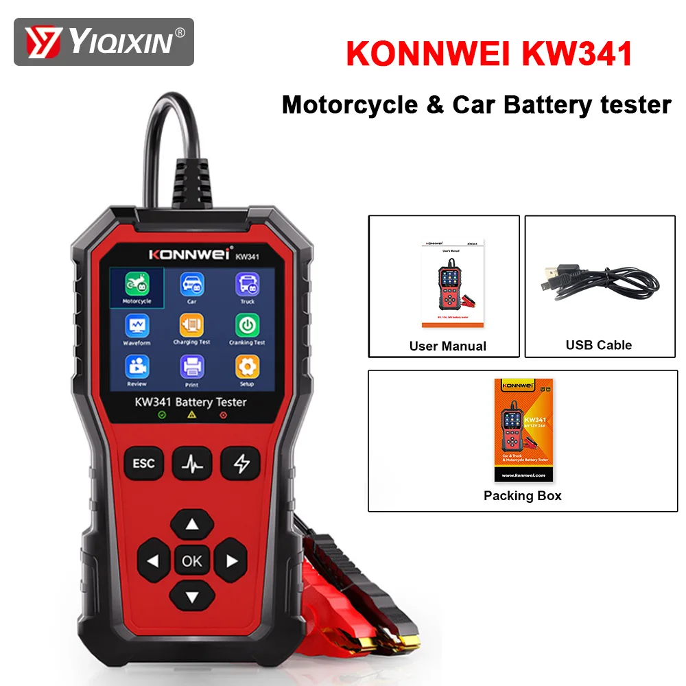 

Тестер автомобильных аккумуляторов KONNWEI KW341 для легковых и грузовых автомобилей, мотоциклов, с функцией печати данных об неисправностях, проверки напряжения при запуске, 6В 12В 24В, сканер заряда автомобильных аккумуляторов