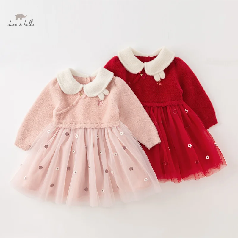 

Dave Bella, платья-свитера для девочек, осенне-зимняя бархатная сетчатая юбка для маленьких детей, вязаная элегантная верхняя одежда, детская одежда DB4238067