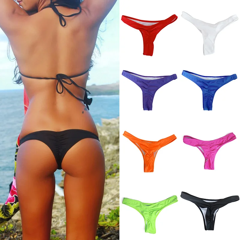 Nieuwe Mode Dames String Zwembroek Meerdere Kleuren Effen Kleur Geplooide String Badmode Vrouwen Bikini Zwembroek