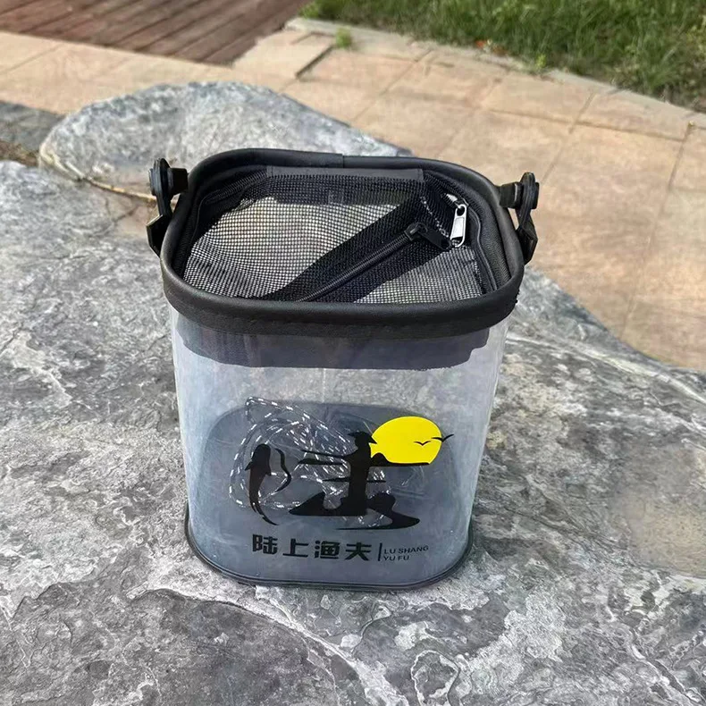 Zusammenklappbarer Transparenter Angeleimer mit 6m Seil & Anti-Sprung-Netz, Robuster Tragbarer Lebendfischbehälter, Outdoor Mini-Fischaufbewahrung – Detail 8