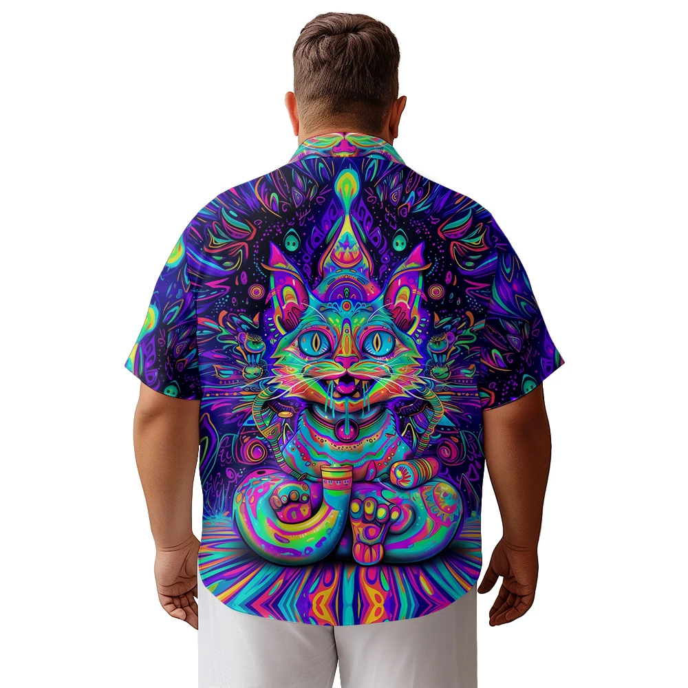 2024 new  Men's shirts plus size Magical view creepy cat printed clothing casual short-sleeved