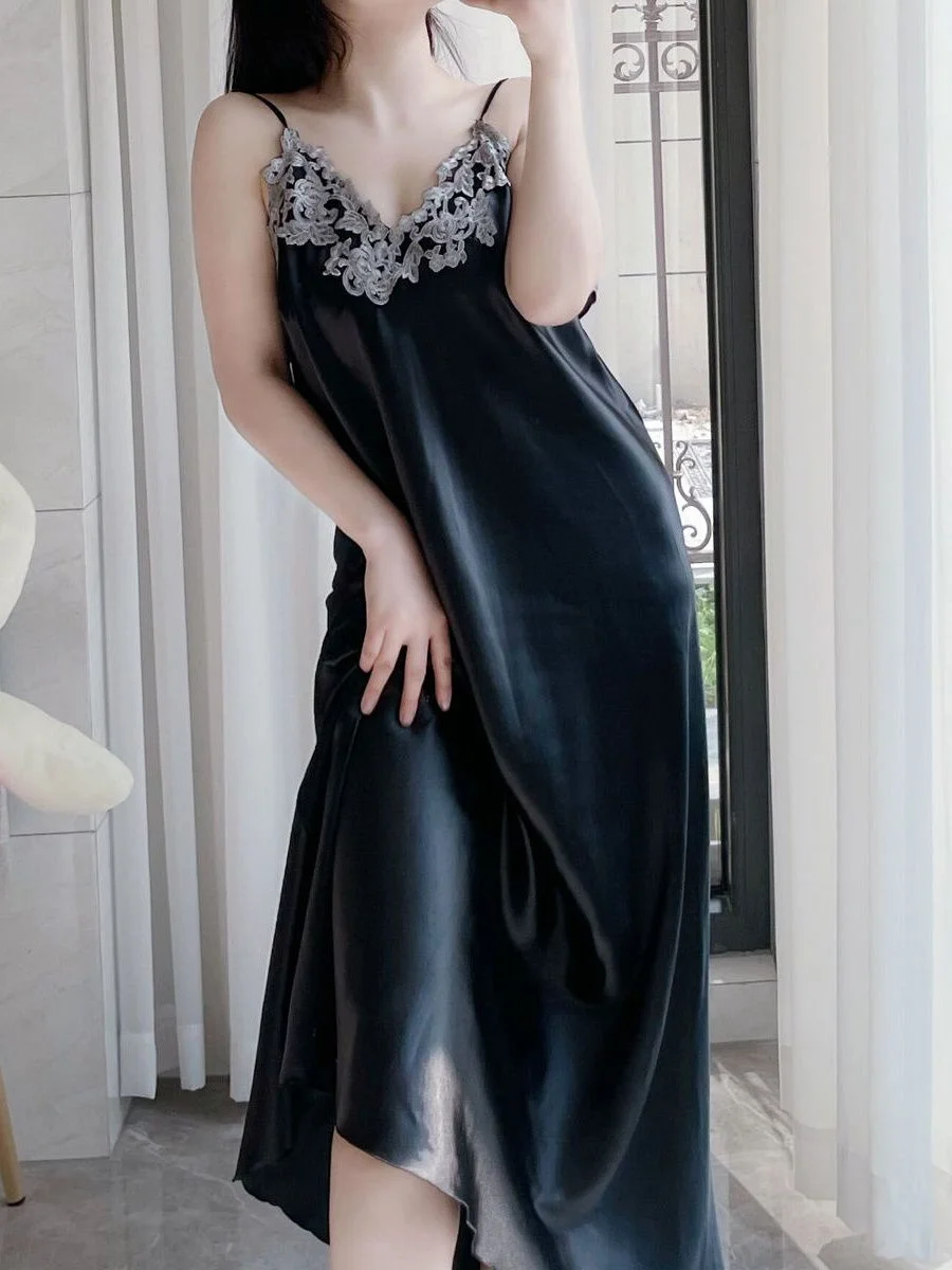 

plus Size Women's Ice Silk Lace Trim Nightgown Svel Home Clothes V-Ne Long Dr Simple Commute Sle A-Line Skirt