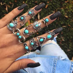 Bohemia Green Stone Finger Ring Set For Women Geometric Moon Owl Knuckle Rings Girls Fashion Jewelry Gift