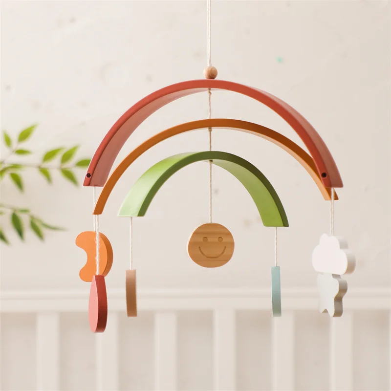 Rattle Toys 0-12 Months Wooden Bed Bell Rainbow Cartoon Rabbit Mobile Hanging Rattles Toys Hanger Crib Mobile Bracket Wood Toys