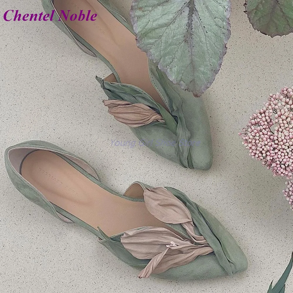 Cowhide Petal Prong Pumps Hollow Flat Heel New Arrival Spring Summer Women Shoes Dance Elegant  Retro Fashion Shoes Green Pink