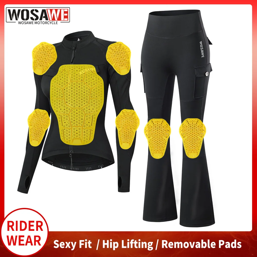 WOSAWE Women Motorcycle Jacket and Flared Pants Full Body Soft Gear Suit Stretchy Motocross Apparel Yoga Gym Sexy Fit Clothes