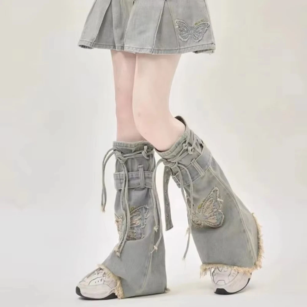 Y2K Harajuku Denims Leg Covers Vintage Embroidered Butterfly Punk Jeans Belt Lace-up Flared Calf Socks Leg Warmers for Women