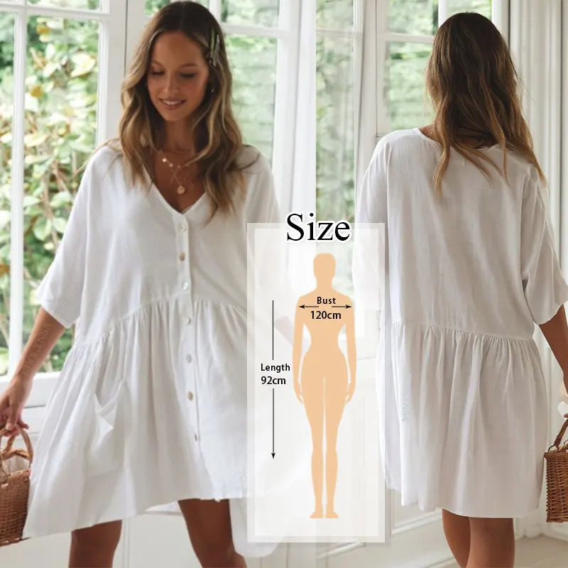 Women Summer Fashion Beach Tops Swimsuit Cover Up Summer Long Sleeve White Pocket Button Front Open Shirt Dress N648