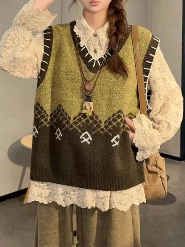 

Весна 2026: Женский свободный вязаный свитер с цветовыми блоками, V-образным вырезом, для повседневной носки, модный, для офиса и на каждый день