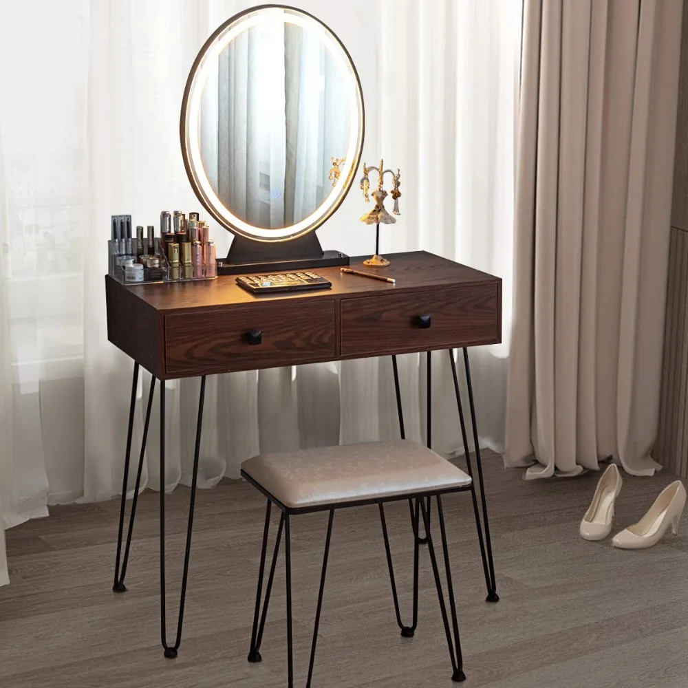 

Makeup Vanity Table with Lighted Mirror, 3 Lighting Sets, Adjustable Brightness, 2 Large Drawers, Acrylic Storage, Customized