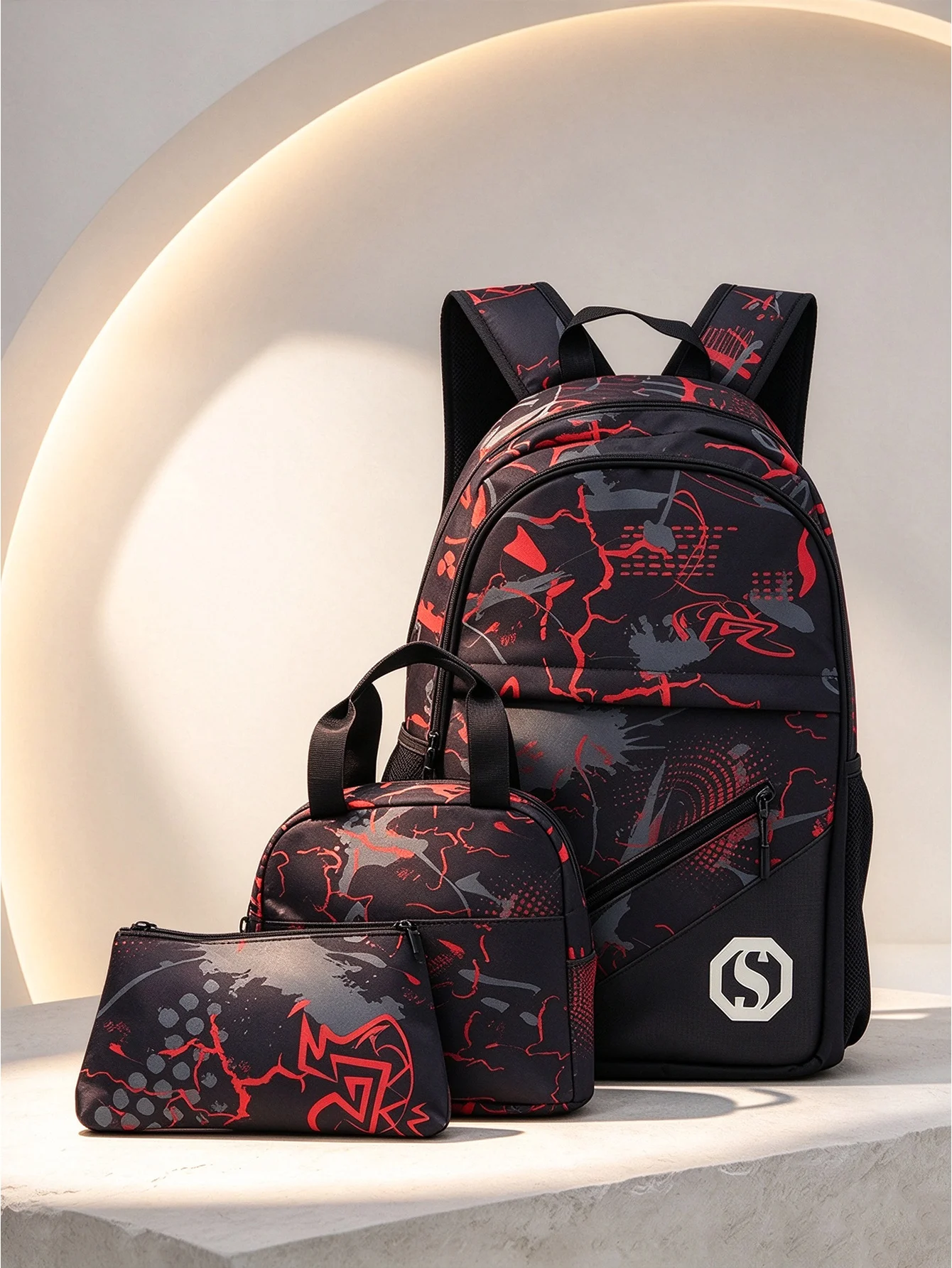 3 in 1 Glow In The Dark Graffiti Backpack Combo, Waterproof Large Capacity Daypack with Insulated Lunch Bag and Pencil Pouch, Lu