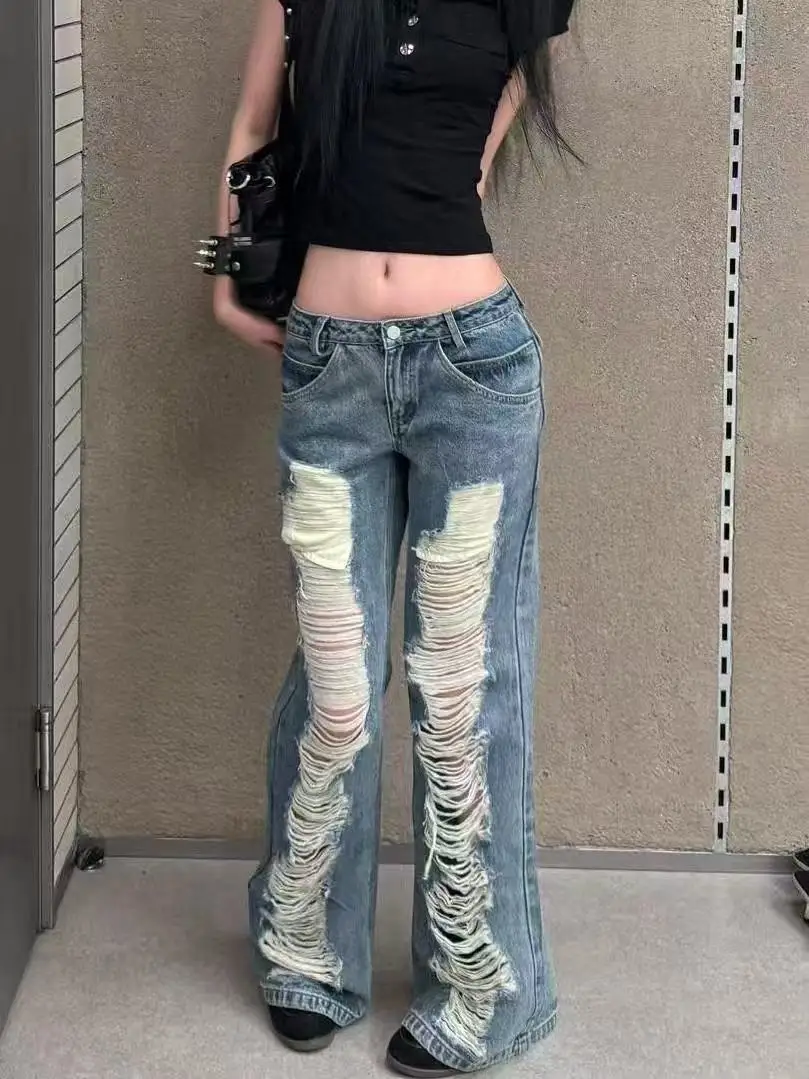 Women's Baggy Jean Ripped Denim Pants Goblin Core Y2K Japanese Harajuku Jeans 2000s American Retro Punk Tide High Street Tide