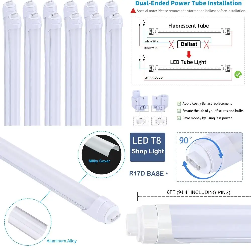 

LED Tube Light Bulbs 8FT 45W Equivalent to 110W Fluorescent, 5400 Lumens, 6000K Daylight, Frosted Cover, Balanced for Long Life