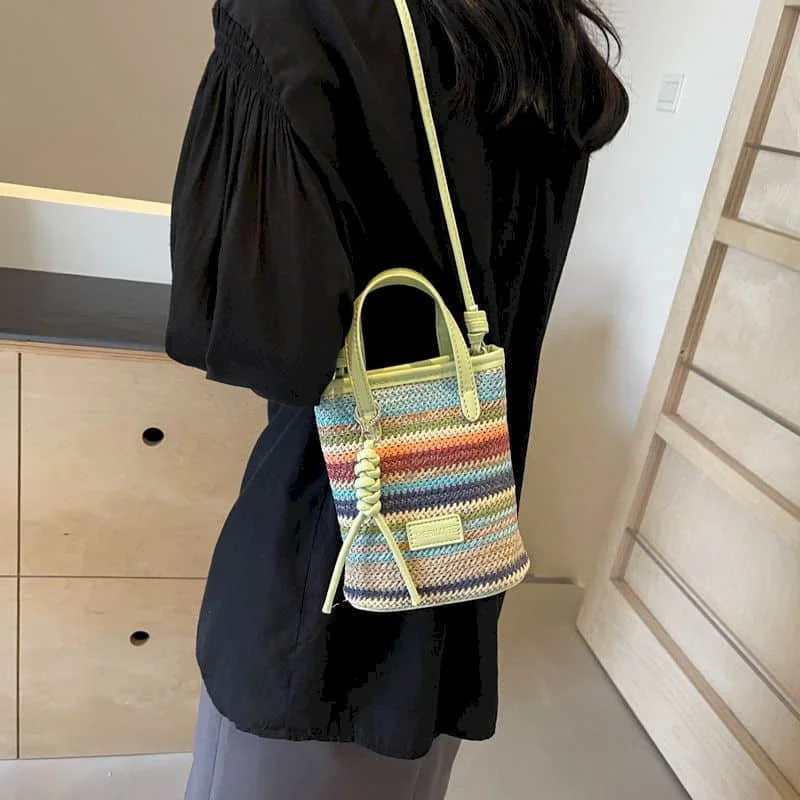 Crossbody Bags for Women Korean Style Versatile Handbags Fashionable Trend Rainbow Stripes Weave Vacation Design Bucket Bags