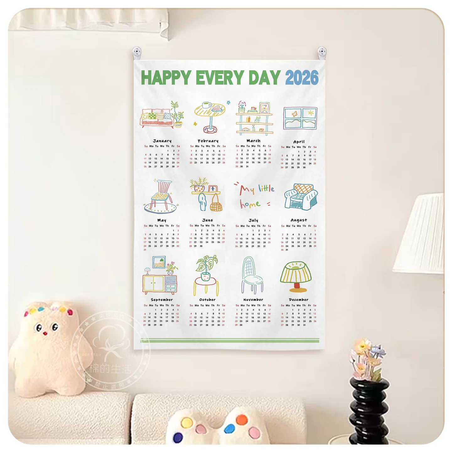 2026 التقويم الجدار الشنق النسيج المشارك ديكور غرفة النوم الكرتون طباعة غرفة نوم غرفة المعيشة أريكة حائط الخلفية الفن