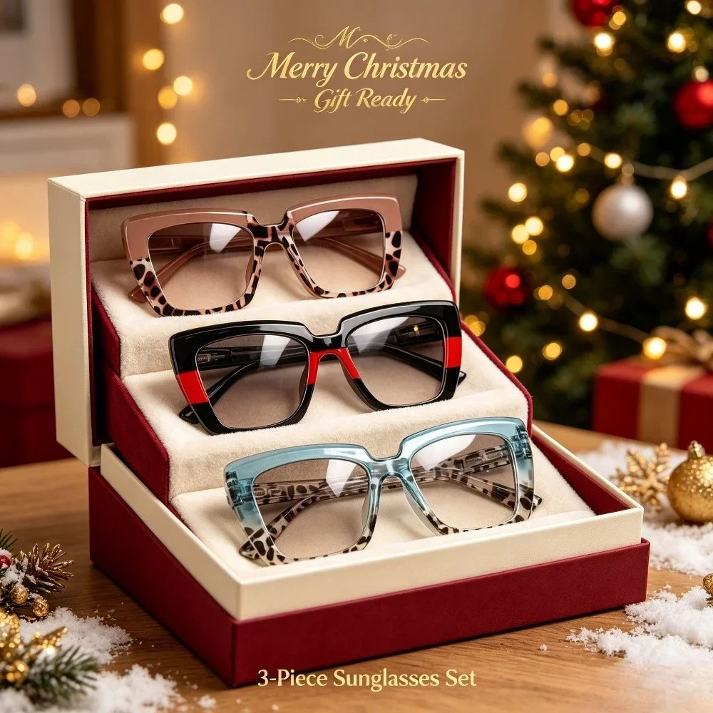 3 Piece Set of Personalized Color Blocking Large Frame Glasses, Leopard Print Color Block Square Decorative Frames, Unisex Fashion Outfit Accessories, Holiday Gifts, Suitable for Christmas and Halloween Gifts
