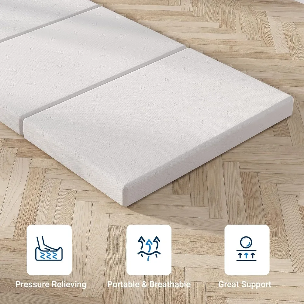 مرتبة إسفنجية الذاكرة ثلاثية الطي مقاس 4 بوصات، غطاء سرير محمول بحجم كوين مع غطاء قابل للتنفس وقابل للغسل، مثالية لغرفة الضيوف #3