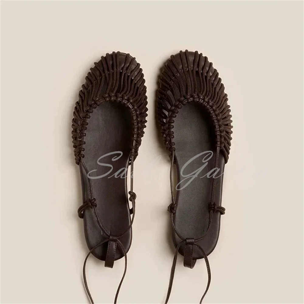 

Handmade Woven Retro Sandals Summer New Round Toe Hollow Out Flat Bottomed Lace Up Solid Color Ankle Straps Roman Sandals