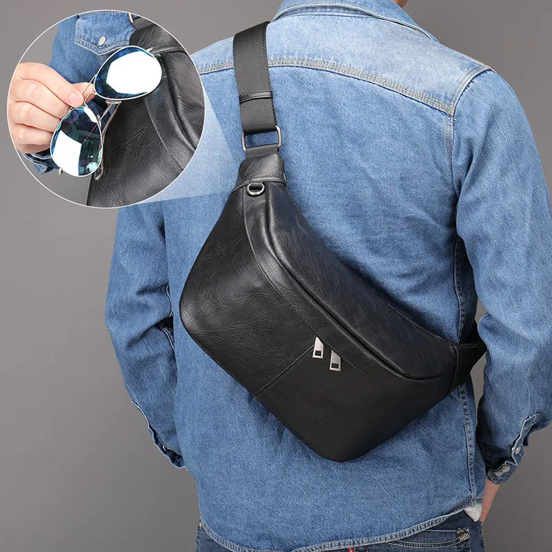 Luufan preto saco de peito masculino macio couro genuíno ombro saco do mensageiro masculino sling sacos de viagem pacote cintura crossbody saco de verão