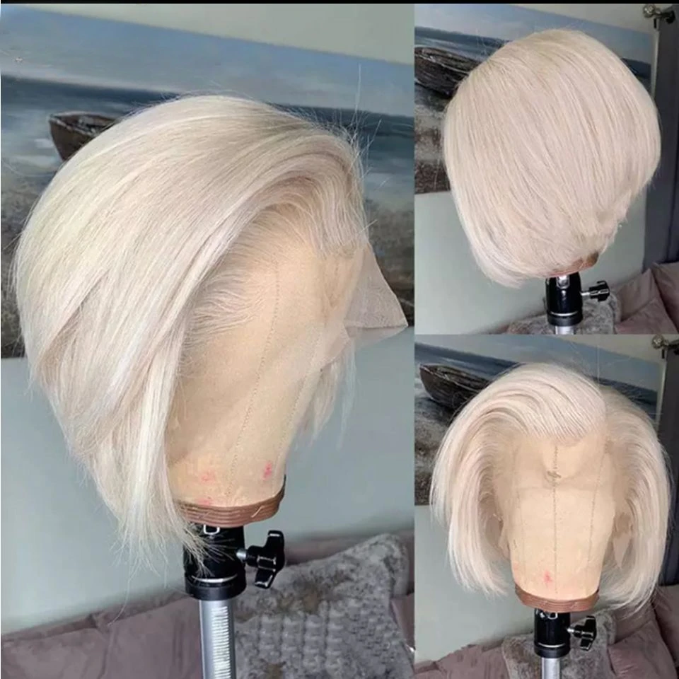 13x4 Transparent Lace Frontal Wig Color White Platinum Ash Blonde Straight Bob Lace Front Wig Synthetic Pre Plucked