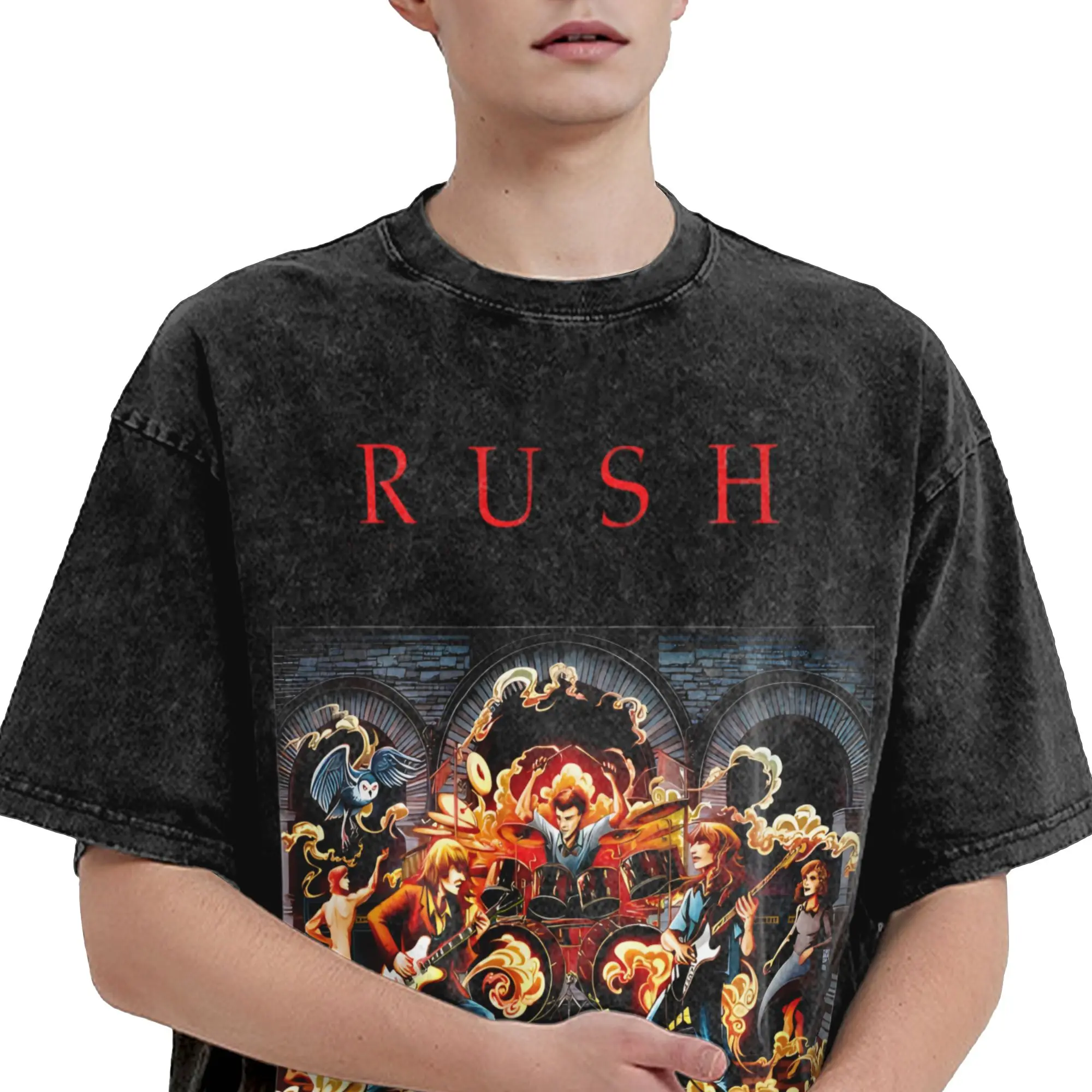 تي شيرت Creative Rush Rock Band للرجال بياقة دائرية من القطن المغسول بأكمام قصيرة تي شيرت ملابس جرافيك #4