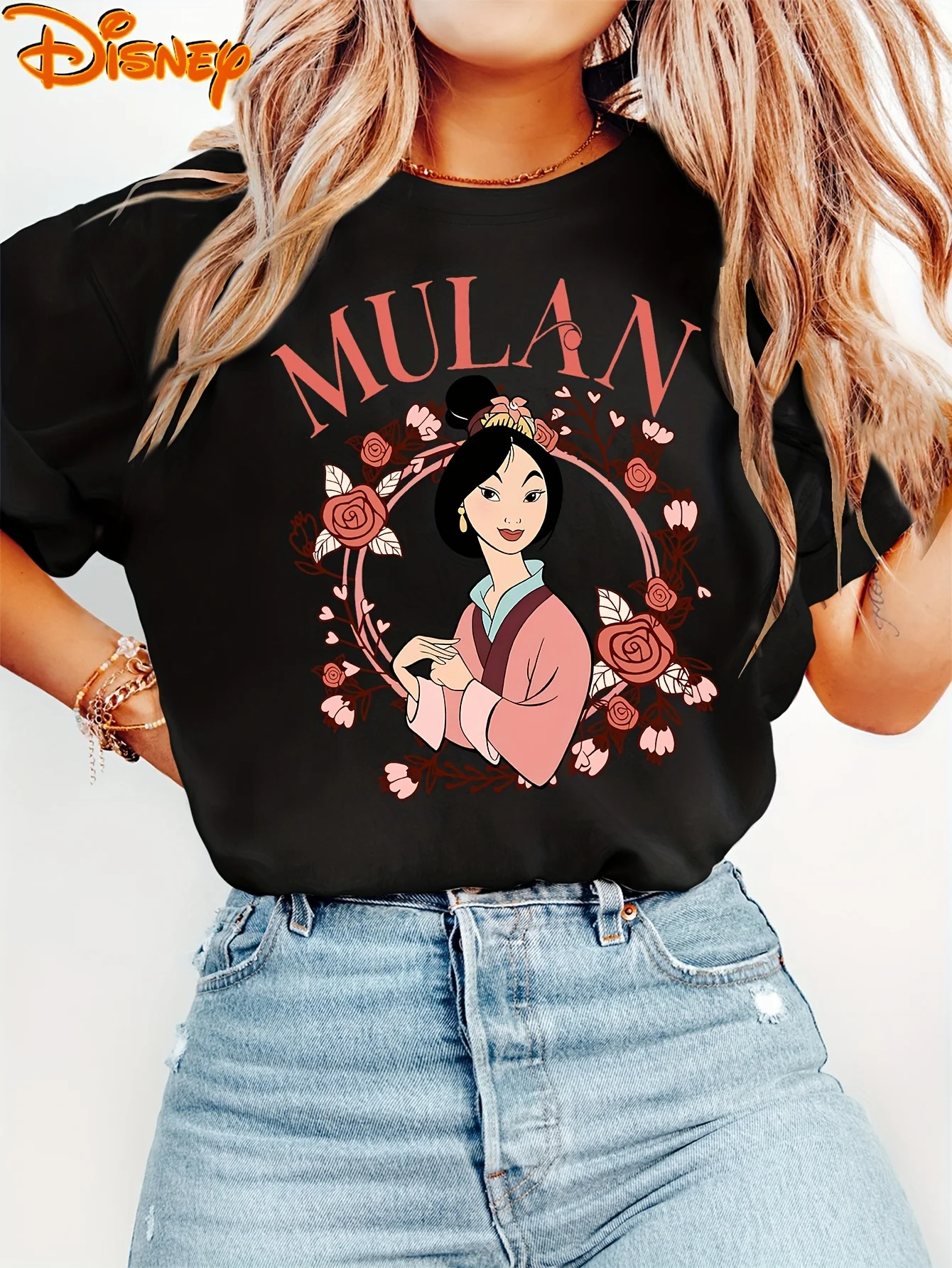 بلوزة ديزني النسائية بأكمام قصيرة، أنيقة بطباعة حروف مولان ورقبة دائرية للرجال والنساء بقاعدة قطنية لجميع المواسم #4