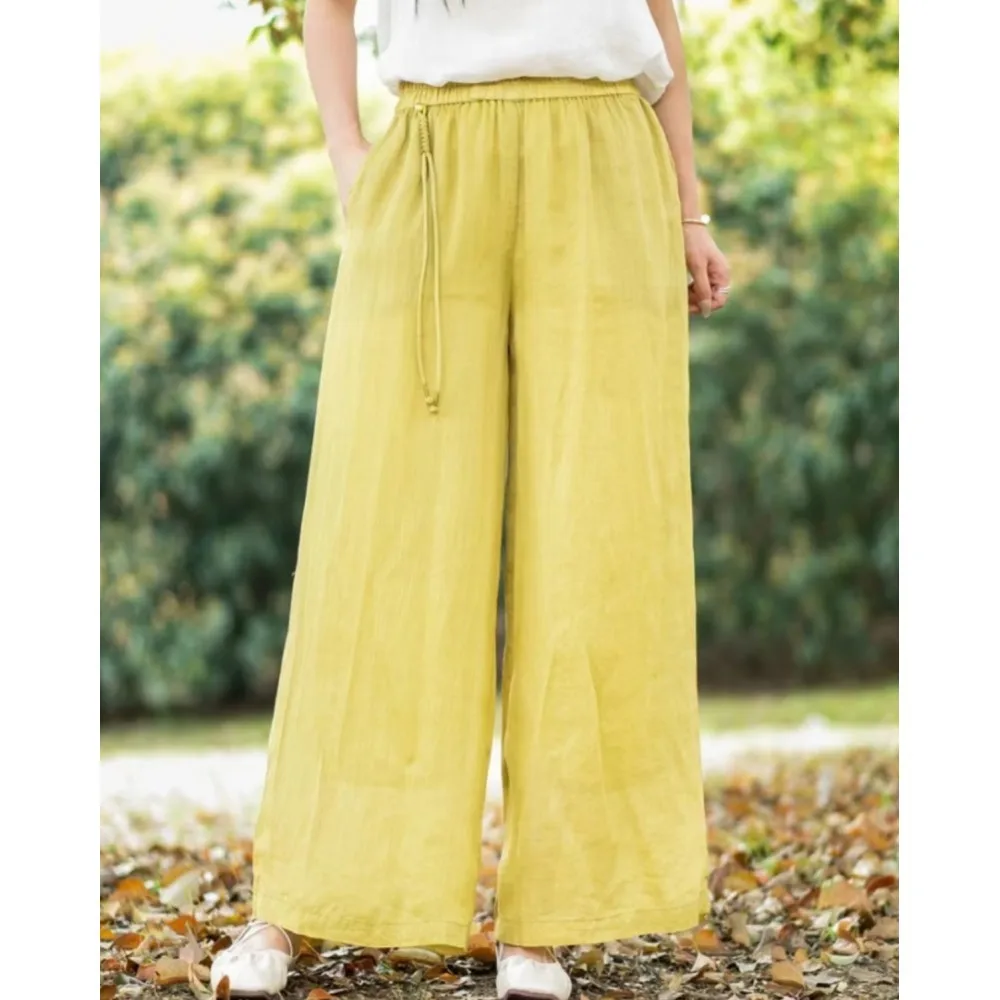 

2024 Summer New Chinese Style Ramie Buckle Tassel Solid Color Straight Wide Leg Pants Women Loose Elastic High Waist Pant LX1870