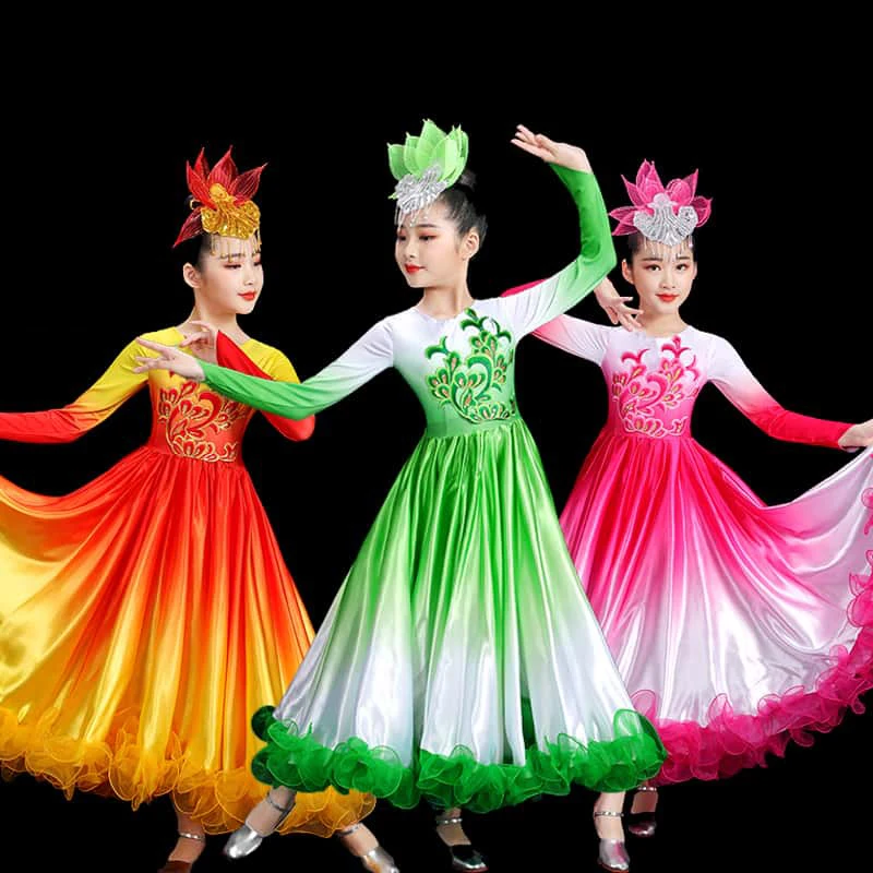 Dziewczęce hiszpańskie sukienki do tańca Flamenco 360/540/720 stopni puszysta duża spódnica typu swing chór otwarcie taniec występ na scenie kostium