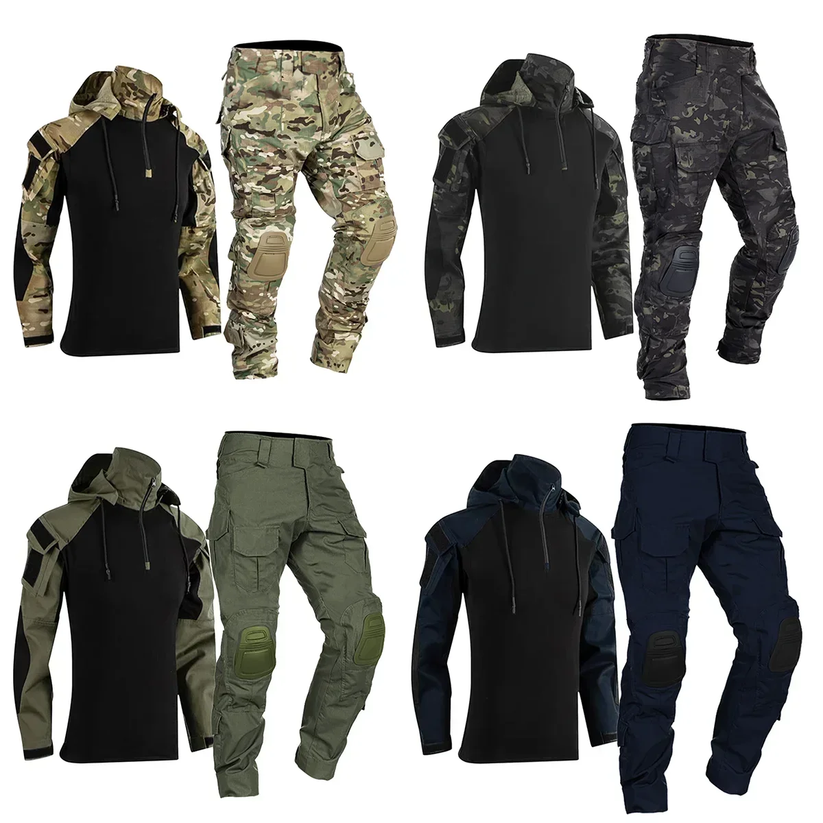 Softair Tactical Suits Work Clothing Uniform Multi Pockets Combat Camo Shirts Hood Cargo Knee Pads Pants Men Hunting Clothes