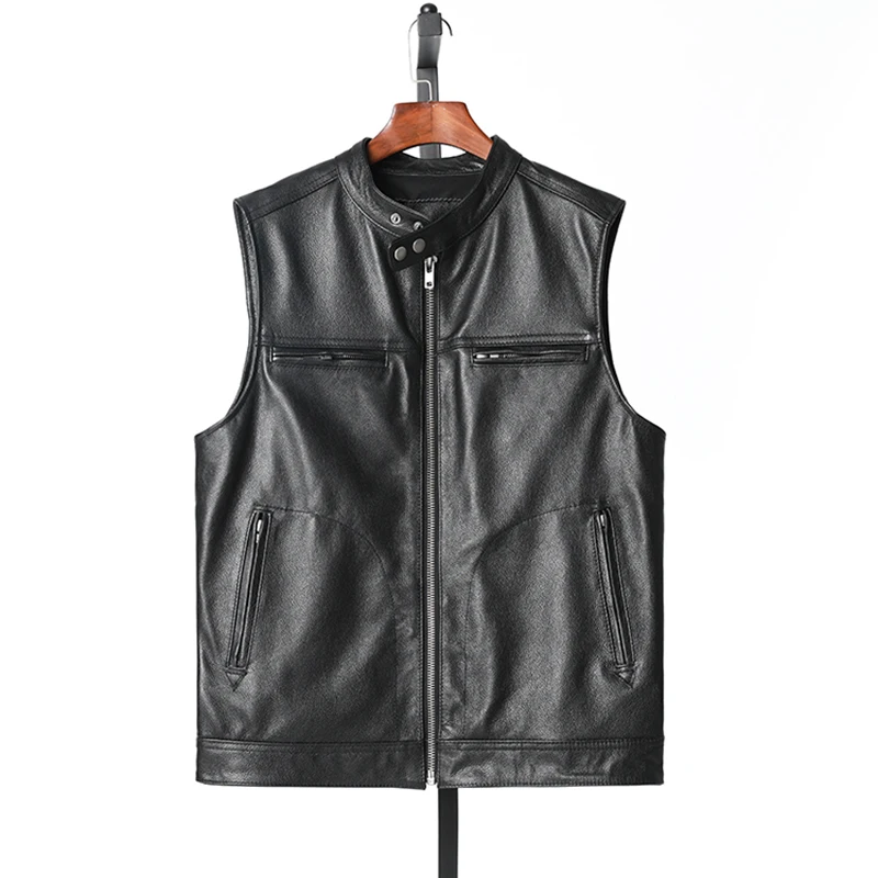 

Men's Slim Fit Leather Vest Real Top Layer Cowhide Stand Collar Motorcycle Riding Clothes Faionable Youth Urban Sle