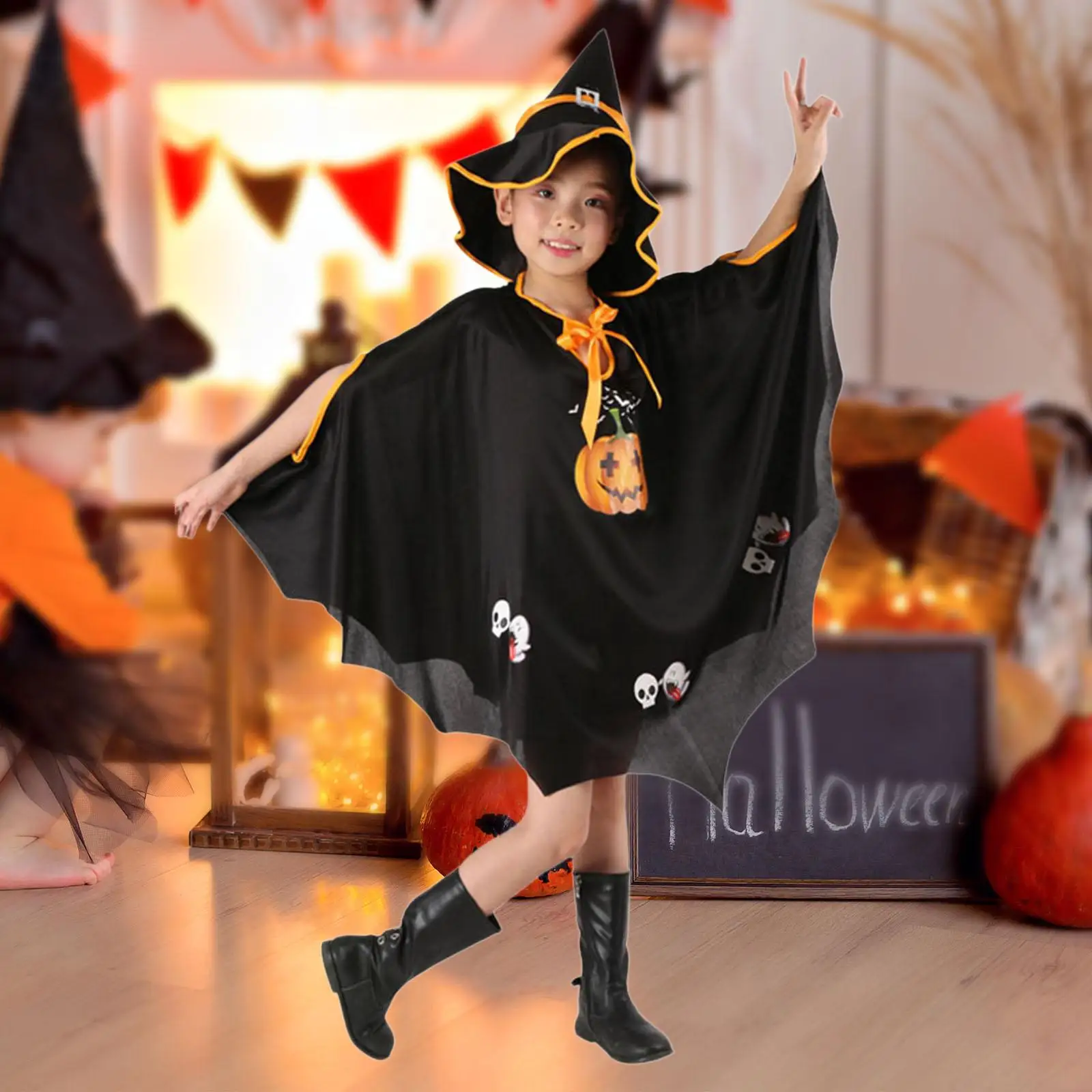 Fantasia infantil de Halloween, capa e chapéu de bruxa para performance em festival, dramatização preta
